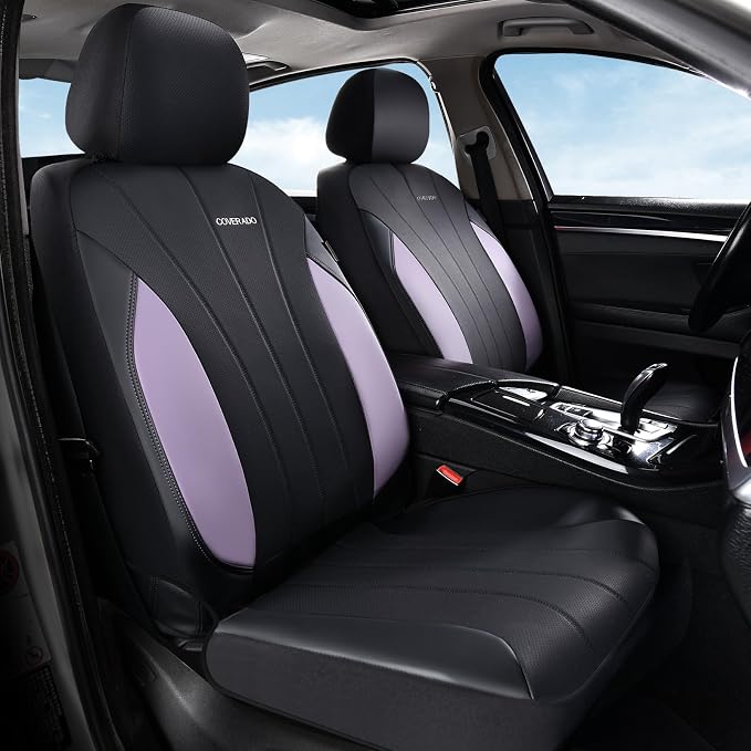 Coverado Car Seat Covers， 2 Front Seats Waterproof Nappa Leather Automotive Seat Protectors, Front Luxury Mesh Seat Covers, All-Weather Universal Fit for Most Cars, SUVs, Trucks,Purple&Black