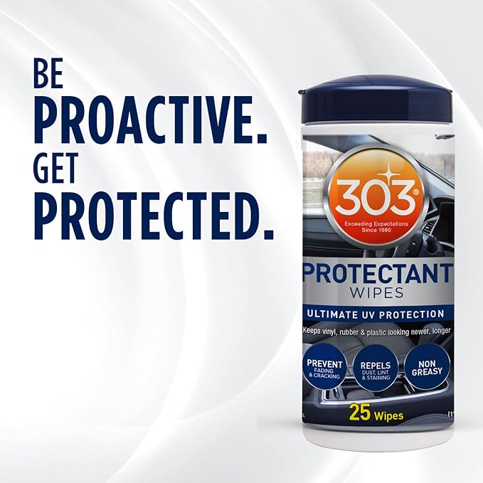 303 Products Automotive Protectant Wipes - Helps Prevent Fading & Cracking, Repels Dust, Lint & Staining, Superior UV Protection & Restores Lost Color, Exterior & Interior Car Cleaning Supplies