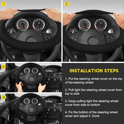 Suede Steering Wheel Cover with Upgraded Silicone Inner Ring, Anti Heat, Breathable, Anti-Slip, Leather Universal 14.5 to 15 inch Steering Wheel Cover (Pure Black)