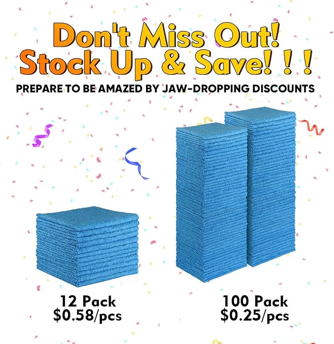 HOMEXCEL Blue Microfiber Cleaning Cloths 100 Pack, Reusable Cleaning Rags Shop Towels - Bulk Multipurpose Microfiber Towels, Lint Free Cleaning Towels for Car, House & Kitchen, 11.5 x 11.5 inch