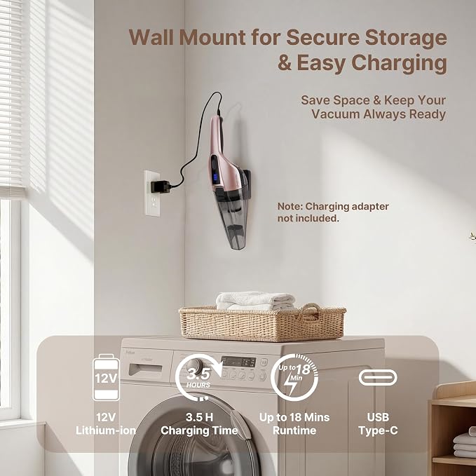 Shop-Vac S1 12V Handheld Vacuum Cordless, Dual-Speed Powerful Portable Car Vacuum Rechargeable, Wall-Mounted Lightweight Hand Vacuum for Home & Car, LED Illumination, HEPA Filter, Champagne Gold