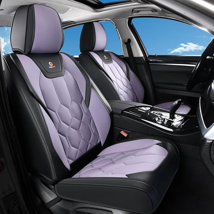 Huidasource Seat Covers Full Set, Universal Fit for Most Cars SUVs Trucks, Full Coverage Leather Seat Cover, Airbag, Cupholder Compatible, Seat Function Retain, Easy Install with Velcro, Black&Purple