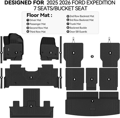 Floor Mats for 2025 2026 Ford Expedition 7 Seats with 2nd Row Bucket Seat, Trunk Mat and Backrest Mat & Door Sill Guard All Weather TPE Protector for Ford Expedition Accessories
