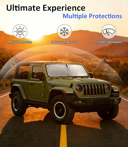 Windshield Sun Shade for 1997-2017 Jeep Wrangler JK JKU Accessories, Car Front Window Sun Visor & Heat Shield | 420D Sunshade Protection Blocks UV Rays Keep Your Car Cooler