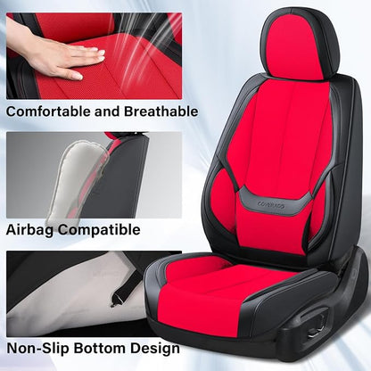 Coverado Front Seat Covers, Universal Seat Covers for Cars, Breathable Fabric&Leather Car Seat Protector, Front Car Seat Covers, Seat Covers Waterproof, Driver Seat Cover Fit for Most Cars, BlackRed