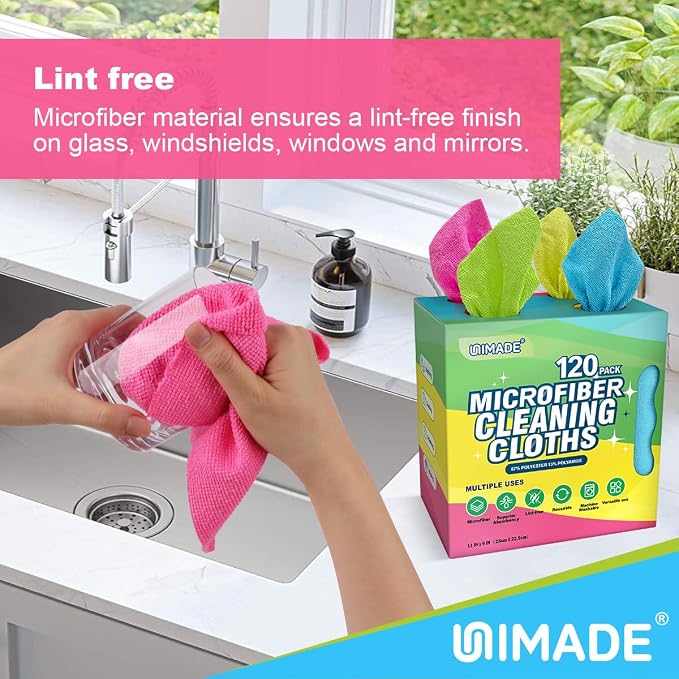 UNIMADE Microfiber Cleaning Cloth, 120 Pack Reusable Paper Towels Microfiber Towels for Cars Lint Free Shop Rags with for Home Kitchen Automotive, 11"x 9", Pink & Yellow & Green & Blue