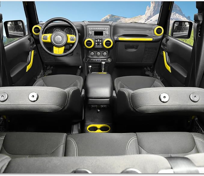 16PCS Full Set Interior Trim Kit for Jeep Wrangler JK JKU 2011-2018 4 Door,Center Console Door Handle Side Outlet Cup Holder Gear Cover Trim (Yellow)