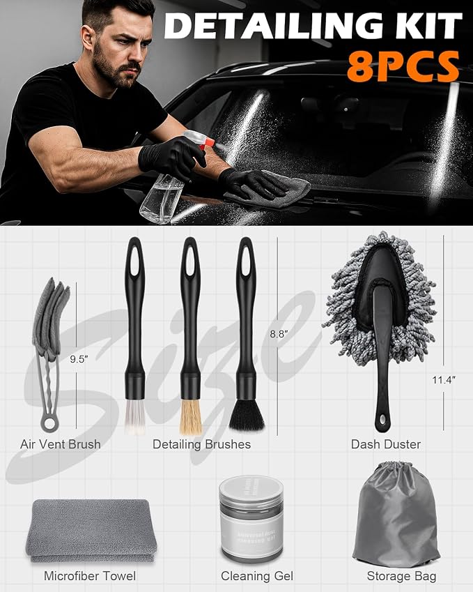 8PCS Car Interior Detailing Kit for Men - 200g Cleaning Gel (185% More Than 70g), Ultra-Soft Detailing Brush Set with Dash Duster, Air Vent Brush & Microfiber Towel