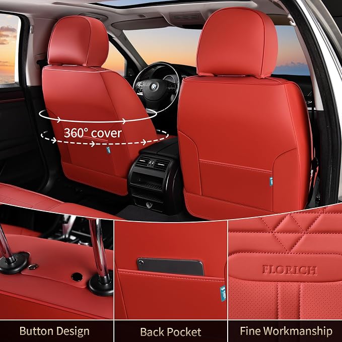 FLORICH Car Seat Covers for Front Seats, Universal Seat Cushion 2 Seats, Car Seat Protector Waterproof, Premium Leather Automotive Seat Covers for Most Cars, Sedans, SUVs, and Trucks-Red