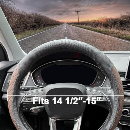 LKWLIKEI Nappa Leather Steering Wheel Cover,Elegant Diamond Checkered Design, Non-Slip wear-Resistant, Enhance Driving Comfort, Suitable for Steering Wheel Diameter 14 1/2‘-15’ Models.Black Brown