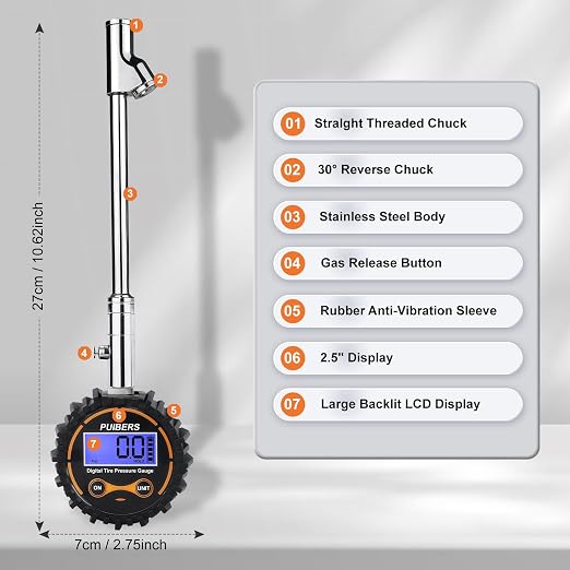 Semi Truck Tire Pressure Gauge Digital 200 PSI, Heavy Duty Dual Head Tire Guage and Backlight LCD Display, Digital Pressure Gauges Certified ANSI B40.1 for Car, Truck, SUV