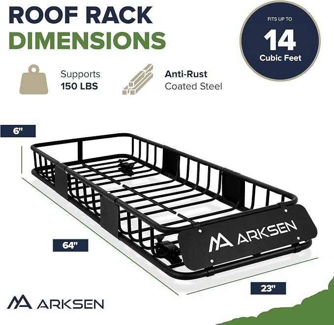 ARKSEN 64"x23"x6" Roof Rack Skinny Cargo Carrier with Basket, Net & Ratchet Straps Heavy Duty Weather Resistant Top Mount Cargo Rack, Luggage & Camping Gear Storage for Car, Truck or SUV Transport