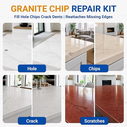 Marble Countertop Repair Kit, 160g/5.64oz Tile Repair Kit for Granite Quartz Acrylic Ceramic Stone and Fill Hole Chips Crack Scratches Dents, Reattaches Missing Edges on Countertops (Color Match)
