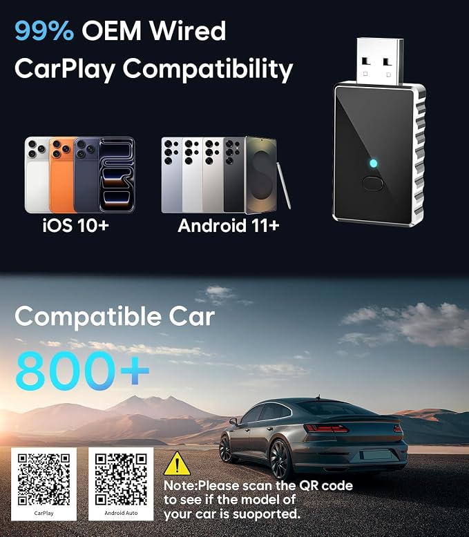 Wireless CarPlay Adapter + Android Auto Wireless Adapter, Apple CarPlay Adapter, Upgrade Wired CarPlay to Wireless, Plug and Play Stable Connection, Aluminum Body, USB A/Type C