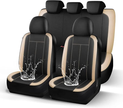 HChengkikz Car seat Covers Full Set, Waterproof Neoprene Seat Covers, Airbag Compatibable, Universal Automotive Comfort Protection for Most Cars, Trucks, SUVs (Black + Beige)