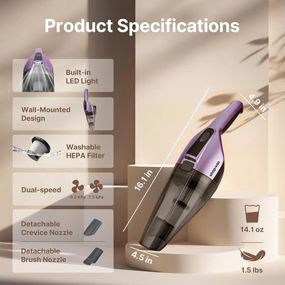 Shop-Vac S1 12V Handheld Vacuum Cordless, Dual-Speed Powerful Portable Car Vacuum Rechargeable, Wall-Mounted Lightweight Hand Vacuum for Home & Car, LED Illumination, HEPA Filter, Purple