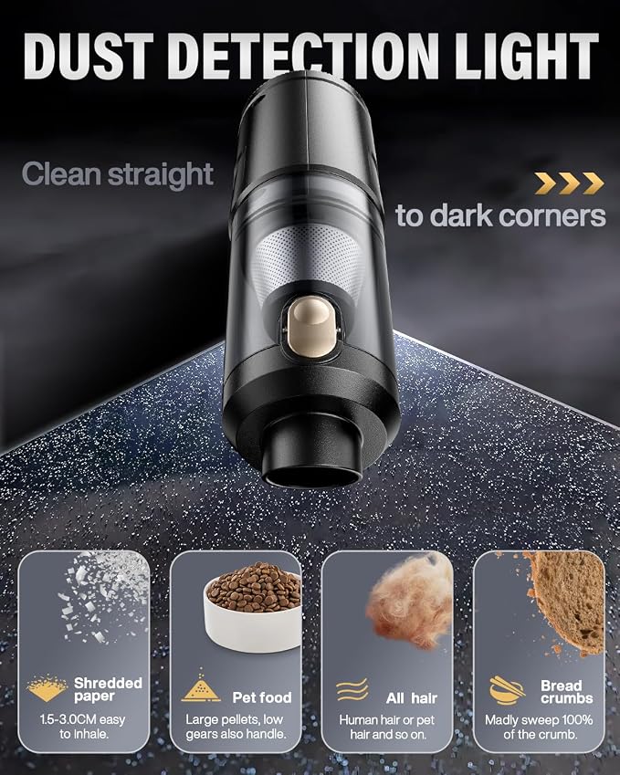 Handheld Vacuum Cleaner 21000Pa Suction with Brushless Motor, 4-in-1 Portable Mini Car Vacuum with 2 Suction Modes, Cordless Vacuum with LED Light, Type-C Charge for Car, Office Desk, Keyboards