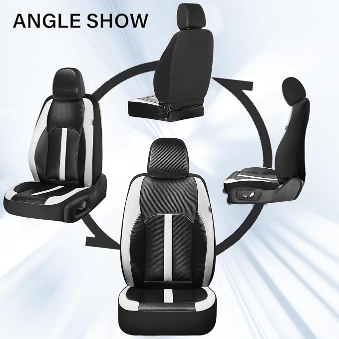 Coverado Leather Car Seat Covers Front Seats & Carbon Fiber, Waterproof and Durable All Weather Protector, Universal Fit for SUV, Pickup Truck, Sedan, Automotive Vehicle Interior, Black&White