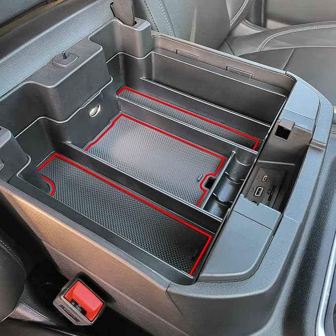Center Console Organizer Compatible with 2020-2023 Silverado/Sierra 2500/3500HD/ 2019-2022 Chevy Silverado 1500 / GMC Sierra 1500 Accessories - Full-Coverage Insert Tray, ABS material,Red