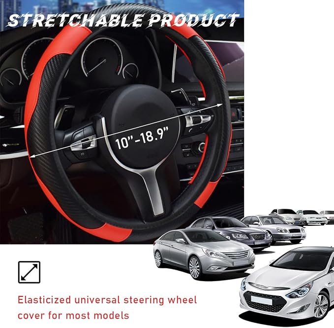 povtii Car Steering Wheel Cover, 15 Inch Leather Breathable Auto Steering Wheel Protector, Comfortable Non-Slip Vehicle Steering Wheel Covers, Universal Interior Car Accessories (Black+Red)