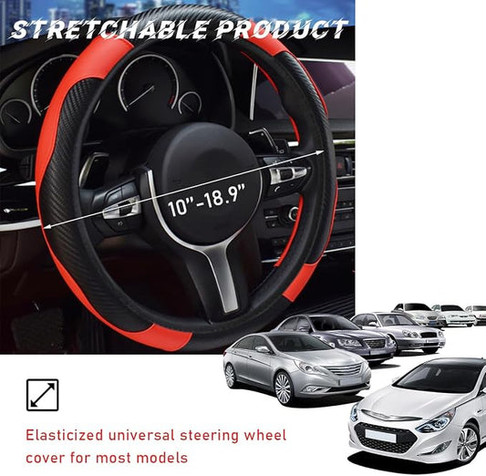 povtii Car Steering Wheel Cover, 15 Inch Leather Breathable Auto Steering Wheel Protector, Comfortable Non-Slip Vehicle Steering Wheel Covers, Universal Interior Car Accessories (Black+Red)