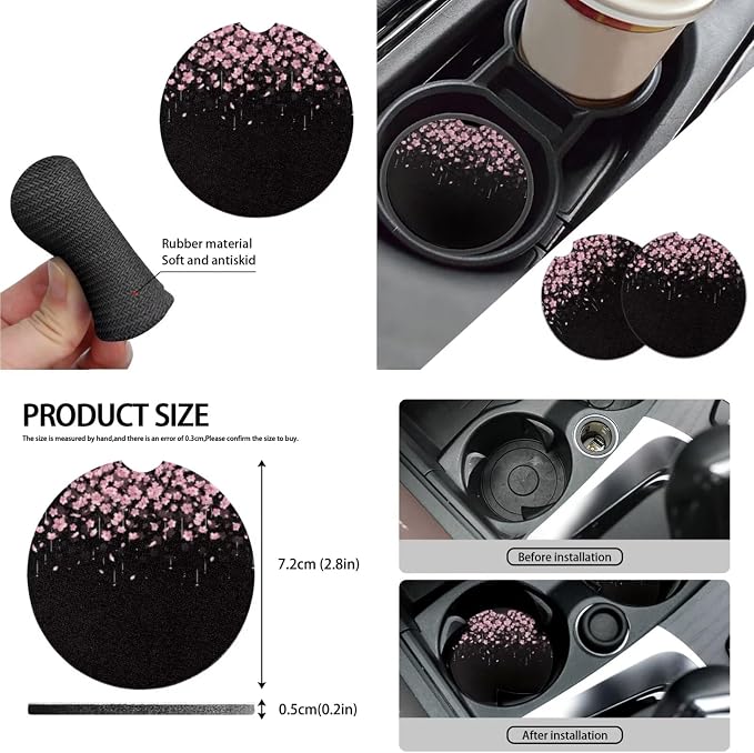 Cherry Blossom 10 Piece Car Accessories Set, Pink Spring Flower Universal Steering Wheel Cover Front Seat Rear Bench for Truck SUV Sedan, Rural Peach Blossom Car Decor
