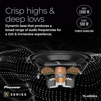PIONEER A-Series TS-A120D4 12” Subwoofer – 1500W Max, Flexible Wiring, Powerful Bass Output