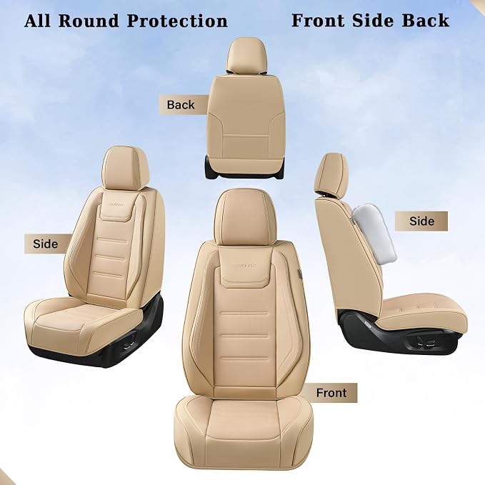 Coverado Car Seat Covers Full Set, Waterproof Car Seat Protector, Leather Seat Cushion, Universal Car Interior Covers Seat Protectors for Most Cars Beige