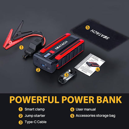 Scatach Jump Starter 5000A, 12V Car Battery Jump Starter Battery Pack (up to 10.0L Gasoline and 8.0L Diesel Engine), Portable Jump Box with Jumper Cable, LED Display, Flashlight