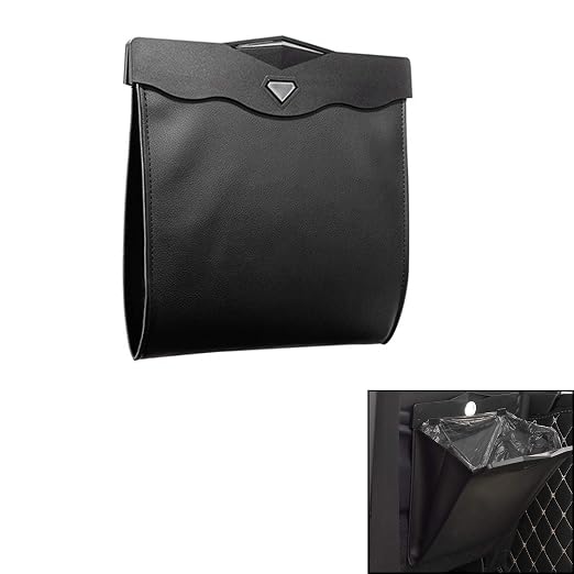 Car Trash Bin w/50pcs Trash Bag Smart LED Luxury Leather Garbage Can Folding Garbage Bin Waterproof Car Rubbish Bag Car Interior Garbage Can Office Toilet Trash Bin for Universal Vehicle-LARGE