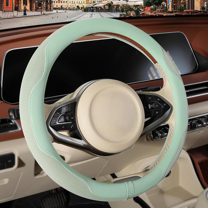 Nappa Leather Green Steering Wheel Cover, Advanced Microfiber Leather Non-Slip Breathable Fabric, Warm in Winter and Cool in Summer, Universal 15 inch