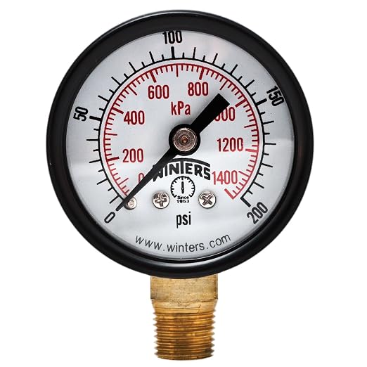 Winters 1-1/2 inch Dial Size, Economy Utility Dry Pressure Gauge, Brass Internals, Black Steel Case, Dual Scale 0-200 psi/kPa, 3-2-3% Accuracy, 1/8 inch NPT Bottom Mount, Multi Function Pressure Gauge