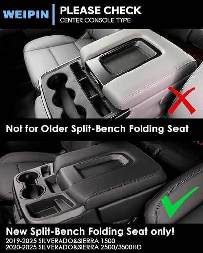 Silverado Sierra Center Console Organizer - Compatible with 2019-2026 Chevy Silverado/GMC Sierra 1500 - 2020-2026 Chevrolet Silverado/ Sierra 2500HD 3500HD - (Split-Bench Folding Seat) - 2 Pack Black