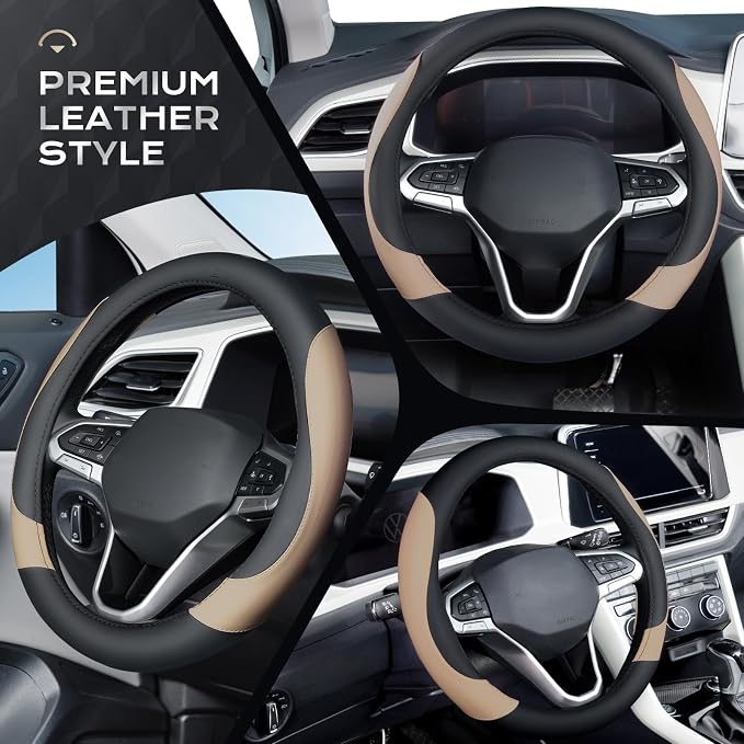 Coverado Nappa Leather Steering Wheel Cover Universal 14-15 Inch Anti-Slip Breathable Steering Wheel Protector Luxury Auto Decor for Men Women Black Brown