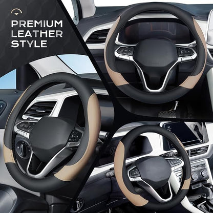 Coverado Nappa Leather Steering Wheel Cover Universal 14-15 Inch Anti-Slip Breathable Steering Wheel Protector Luxury Auto Decor for Men Women Black Brown
