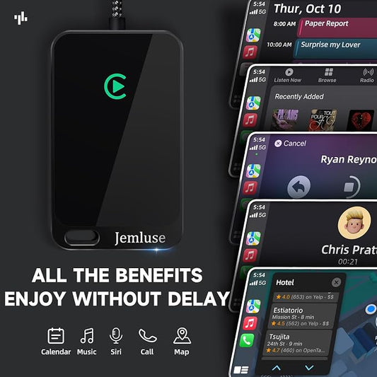 Jemluse Wireless CarPlay Adapter for Apple iPhone - Multi-User Seamless Connection for Convert Wired to Wireless Car Play Adapter - No Latency from iOS 10+ to Screen w/USB C (All Black)