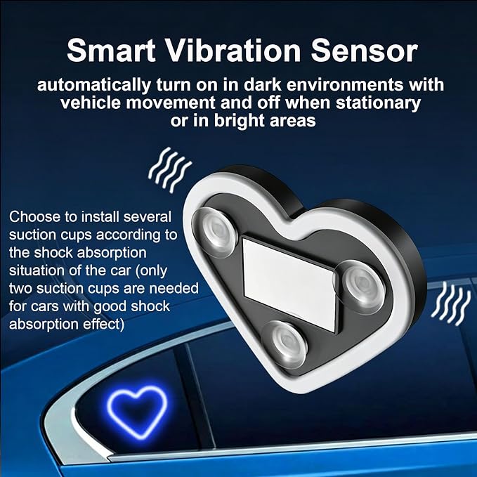 Rechargeable Solar-Powered Wireless Heart LED Light for Car Interior Decorations, with 6 Lighting Modes and Vibration Sensor, Romantic Ambient Gift for Couples/Women/Men, Pink, 1 Pcs