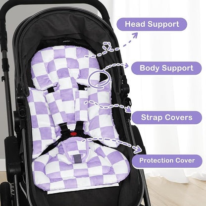 DILIMI Infant Car Seat Insert, Baby Car Seat Head Support with 3 Strap Paddings, Soft Newborn Car Seat Cushion for Stroller, Swing, Bouncers, Purple Checkered