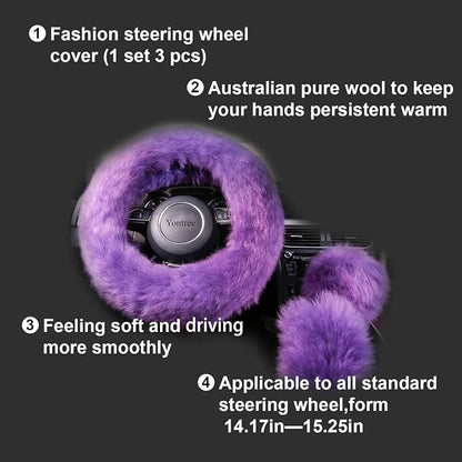 Yontree Fashion Fluffy Steering Wheel Covers for Women/Girls/Ladies Australia Pure Wool 15 Inch1 Set 3 Pcs (Purple)