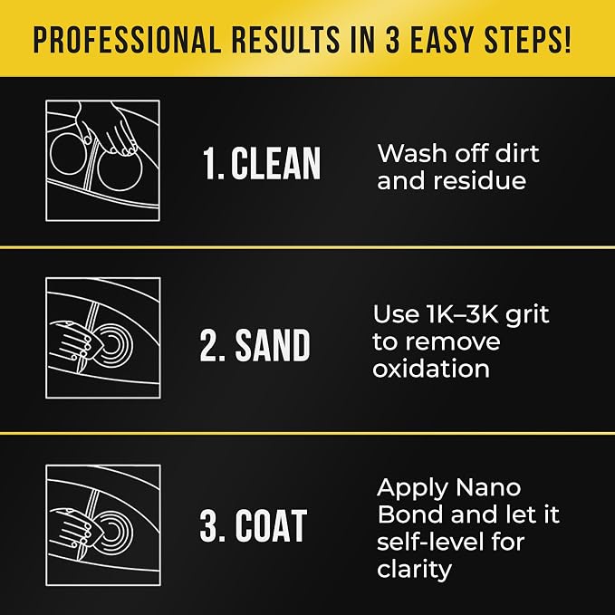 Nano Bond Ceramic Headlight Restoration Kit - No Power Tools Needed, Self-Leveling Headlight Clear Coat, 3 Easy Steps, Removes Oxidation from Foggy Plastic Lenses, 30ml Bottle