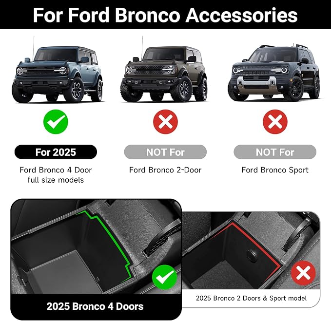5PCS Center Console Tray for 2025 2026 Ford Bronco Accessaries 4 Door Full Size 2025 Bronco Front Rear Door Handle Pocket Storage Box ABS Material(Not Applicable Sport Models)