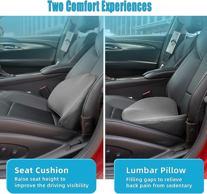2 in 1 Car Seat Cushion Lumbar Pillow - Comfort Memory Foam Seat Cushion for Driving, Office - Sciatica-Back Pain Relief, Car Cushion for Car, Truck, Office, Wheelchair (Grey)