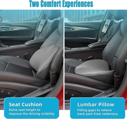 Car Seat Cushion for Driving - Comfort Memory Foam for Car Driver Seat- Back Support & Pain Relief - Car Travel Accessories for Long Trips (Gray)