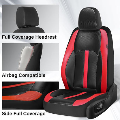 Coverado Leather Car Seat Covers Full Set & Carbon Fiber, Waterproof and Durable All Weather Protector, Universal Fit for SUV, Pickup Truck, Sedan, Automotive Vehicle Interior, Black&Red