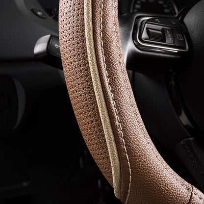 CAR PASS Brown Delux Leather Steering Wheel Cover, Universal Fit for Suvs,Sedans,Vans,Small Trucks for 14.5" to 15"(Brown & Beige Piping)