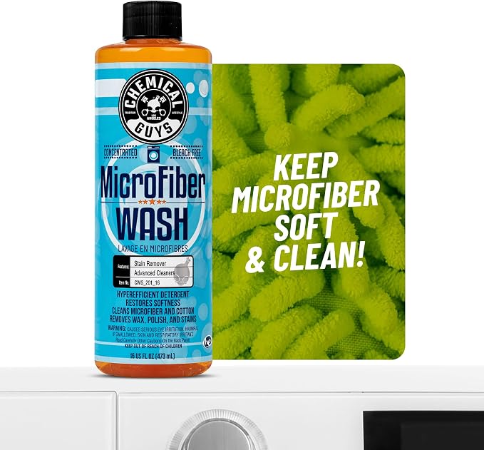 Chemical Guys Microfiber Wash Detergent, Concentrated, Fresh Citrus, 32 oz | Microfiber-safe concentrate for towels, mitts, and pads; lifts dirt, grease, and wax, restores softness, no softener needed