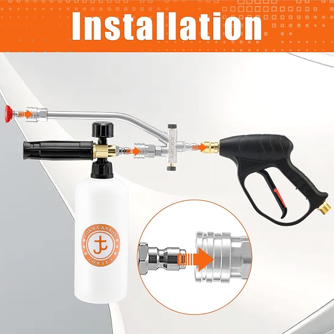 JOEJET Short Pressure Washer Gun with Foam Cannon Dual Connector Accessory, Car Wash Foam Gun with 1/4 Inch Quick Connector, 5 Pressure Washer Nozzle Tips, 1 Liter