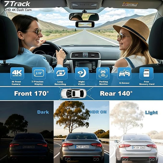 Dash Cam Front and Rear, 4K+1080P Dash Camera for Cars, 7Track Dual Car Camera with WiFi & APP Control, 64GB Card, 3.19" IPS Screen, HDR, Night Vision, G-Sensor, Parking Mode, Loop Recording