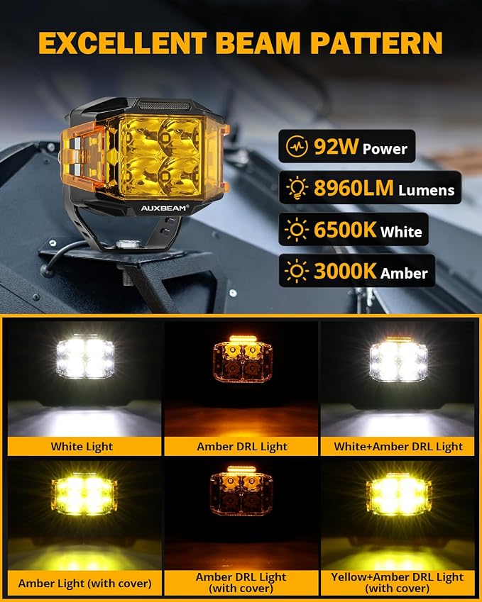 Auxbeam 4 Inch LED Pod Light, 92W V-MAX Series Square Offroad Driving with Amber DRL, 270° Spot Flood Combo Beam Side Shooter Cube Work Auxiliary Lights with Yellow Cover for Truck SUV ATV UTV