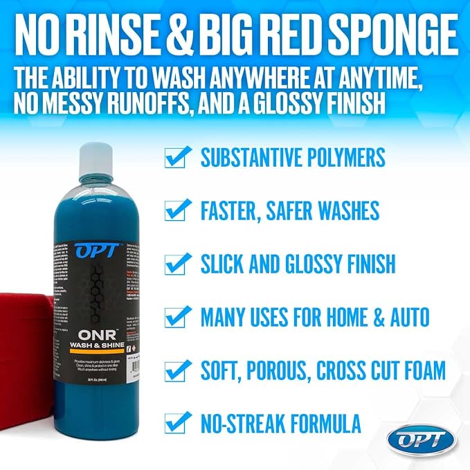 Optimum No Rinse Version 5 (32 Oz), Microfiber Drying Towel, and Big Red Sponge (BRS) Car Cleaning Kit, ONR Rinseless Car Wash, Drying Towel, and Wash Sponge for Washing and Auto Detailing